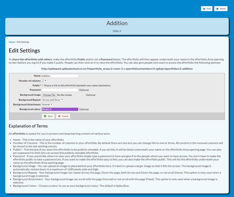 Changing the Settings of your ePortfolio Area